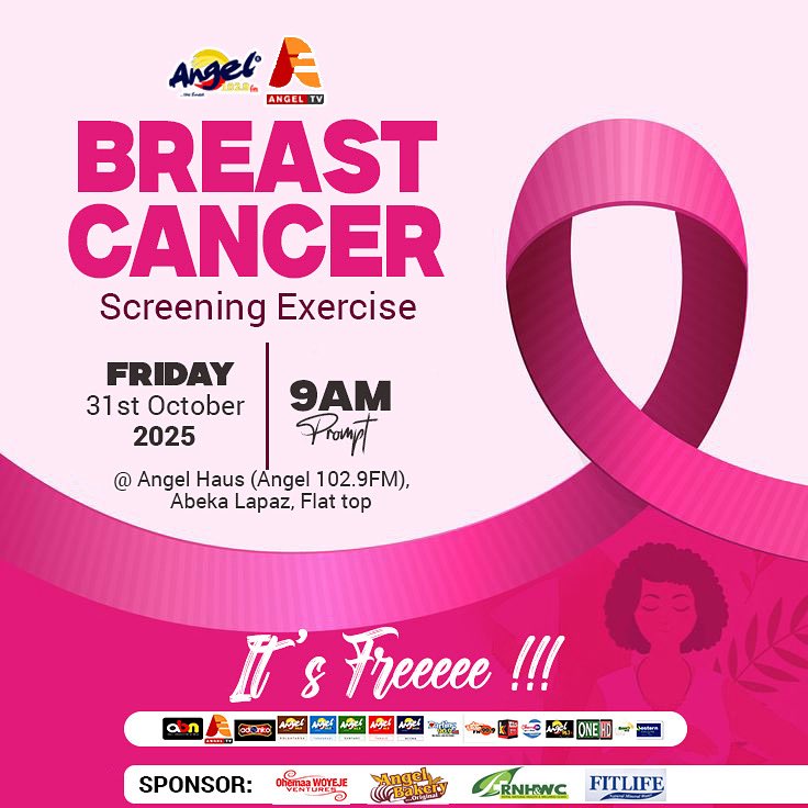 🎀 It’s Free! It’s Life-Saving!🎀

Ladies (and Gentlemen too!) Join the Angel Free Breast Cancer Screening Exercise On 31st Oct, 9AM Prompt @ Angel Haus forecourt, Abeka Lapaz. 💗

Let’s fight breast cancer together! 💪

#AngelFm #AngelTV