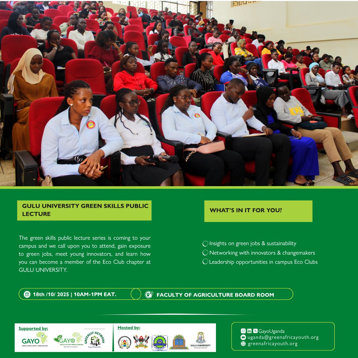 GayoUganda's tweet image. The Green Skills Public Lecture | Gulu University 

The #GreeSkills Public Lecture series continue to @GuluVarsity, inspiring students to explore opportunities in green jobs, sustainability, and leadership through @gayoecoclubs