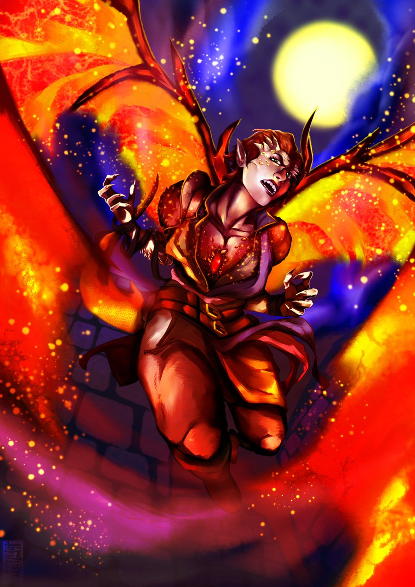 TheYamarashi's tweet image. Bit of a throwback piece.✨

Here's Xantheus Auregan, revealing his draconic wings for the 1st time from @HighRollersDnD Altheya campaign. 🔥

Character played by @AmadeusFink ❤️‍🔥

#dndart #fanart #characterart #RollOnSunday