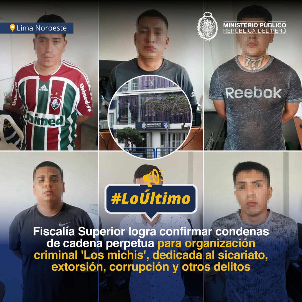 FiscaliaPeru's tweet photo. 🚨 #LoÚltimo | Fiscalía Superior de Lima Noroeste logró que se confirme 197 condenas, entre ellas 52 cadenas perpetuas, para los integrantes de la organización criminal 'Los michis', por los delitos de extorsión, sicariato, homicidio, tráfico ilícito de drogas y corrupción de funcionarios.

🔗 Leer más 👉🏼 https://t.co/4PsG5c8Vma