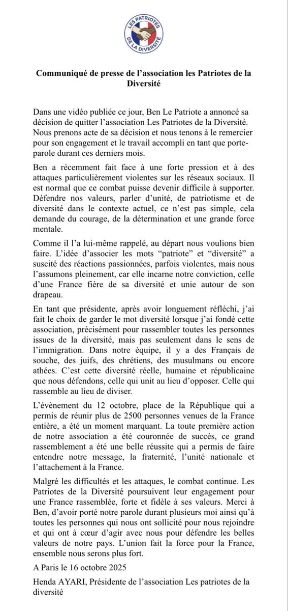 Communiqué suite au départ de Ben Le Patriote.