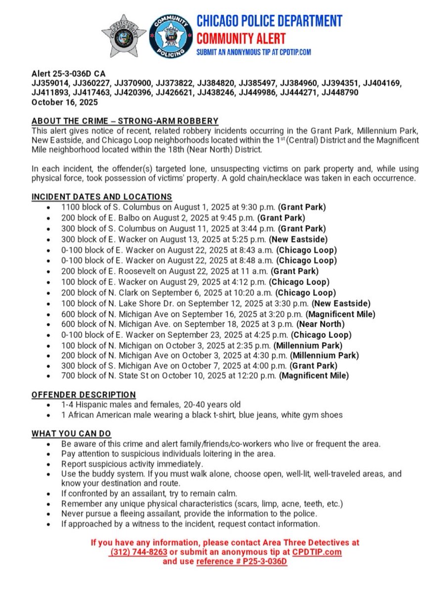 STRONG ARM ROBBERIES <a href="/ChicagoCAPS01/">1st District -  Central</a> ((Downtown) <a href="/ChicagoCAPS18/">ChicagoCAPS18</a> (Near North) <a href="/Area3Detectives/">Chicago Police Area 3 Detective Division</a> CPDTIP.COM #ChicagoPolice