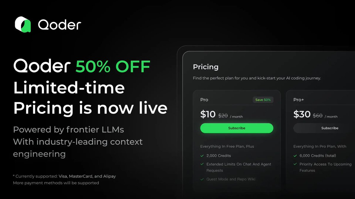 MrJack6590's tweet image. 3. Meet Qoder - an agentic coding platform built for real software development.
👉 Download now: aisecret.co/Qoder
→ New users can get a 2-week Pro Trial with 1,000 credits.Limited-time 50% OFF for all paid plans. Ends soon.
→ While other tools guess what I need, Qoder…