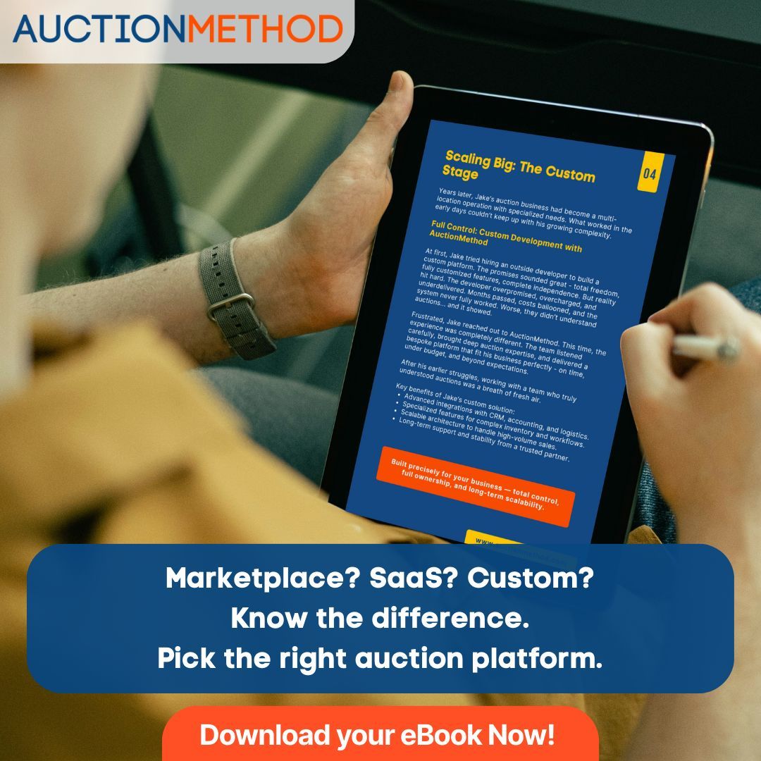 AuctionMethod's tweet image. Wondering what type of auction platform fits your business?
This free guide breaks down the 3 dominant models, marketplace, SaaS, and custom builds, so you can choose based on profit goals, data control, and bidder experience.
Download your eBook: auctionmethod.com/strategic-buye…