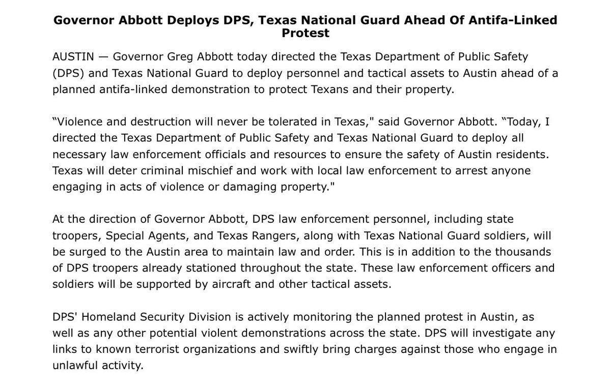 willdupreetv's tweet image. Gov. Abbott says he’s surging DPS and Texas National Guard to Austin for an “antifa-linked protest.” 

He doesn’t specify it, but it appears this could be related to the upcoming No Kings protest happening Saturday at the Texas Capitol. 

@KXAN_News
