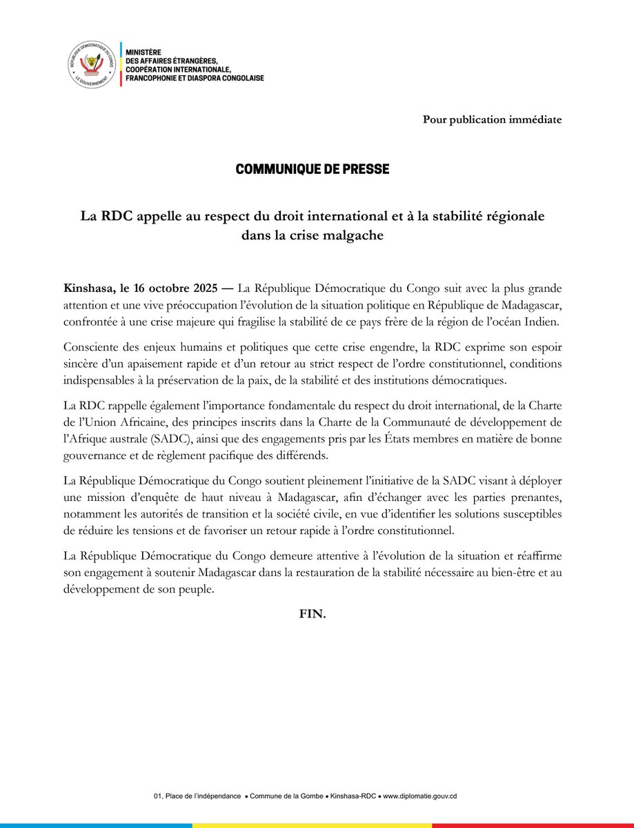 #COMMUNIQUEDEPRESSE

<a href="/Presidence_RDC/">Présidence RDC 🇨🇩</a> 
<a href="/PrimatureRDC/">Primature de la République Démocratique du Congo</a> 
<a href="/Com_mediasRDC/">Ministère de la Communication et Médias/RDC</a>