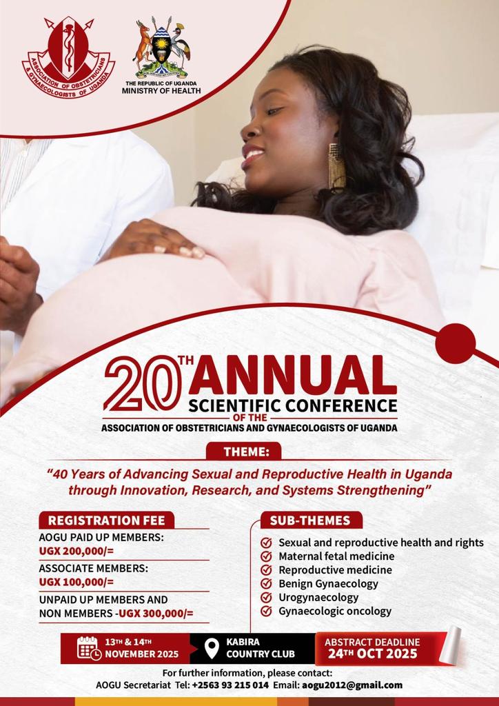 Submit your abstract for the 20th AOGU Scientific Conference &amp; AGM to be held 13th - 14th Nov 2025, at Kabira Country Club.
Abstract submission pushed to 24/Oct/2025.
forms.gle/sQ8pWzzX3dM9JZ…

<a href="/MinofHealthUG/">Ministry of Health- Uganda</a>  <a href="/TheUMAofficial/">Uganda Medical Association</a> <a href="/FIGOHQ/">FIGO HQ</a> <a href="/ecsacog/">ECSACOG</a> <a href="/kajabwanguR/">Rogers Kajabwangu </a> 
#AOGUat40