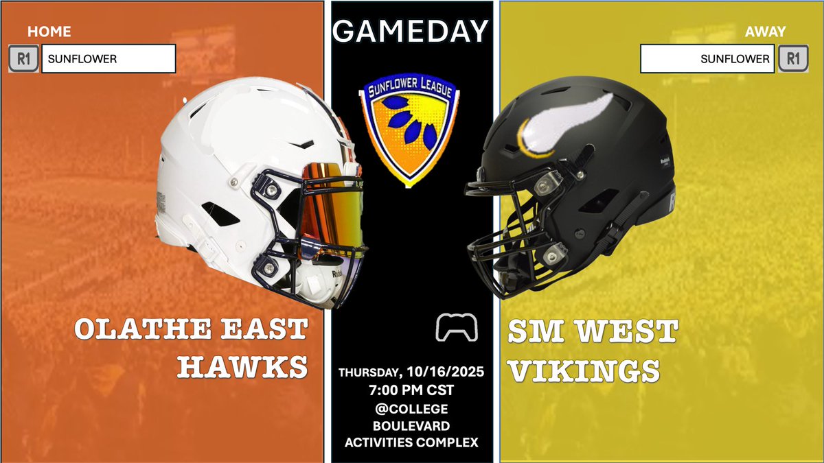 Vikings are back in CBAC for another Sunflower League matchup against the Hawks of Olathe East!

🆚 Olathe East High School
🗓️ 10/16/2025
⏰ 7:00 PM
🏟️ CBAC
📺 nfhsnetwork.com/events/olathe-…