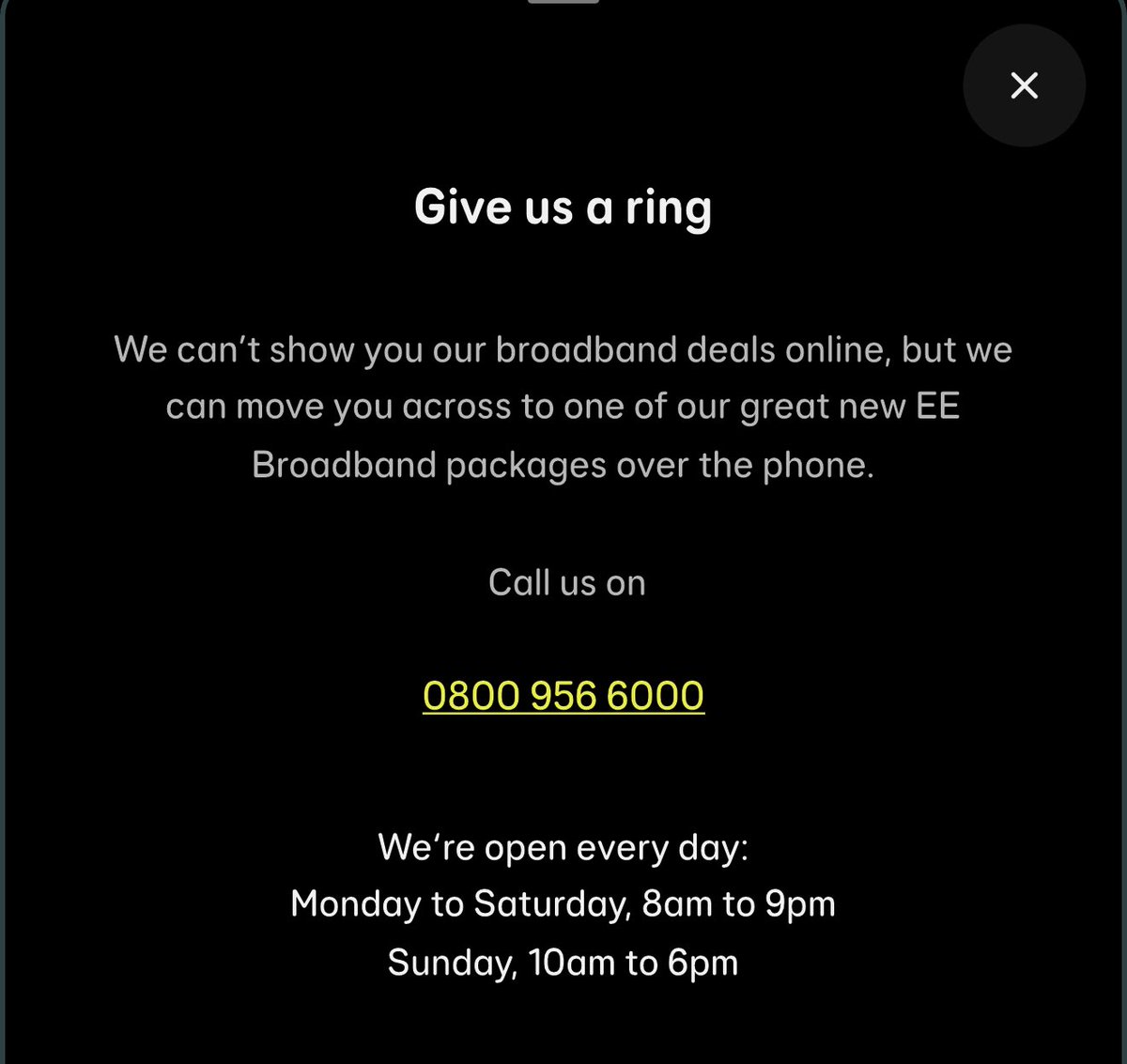 WalkSonic's tweet photo. @ee I still can’t view broadband deals and really don’t want to call up. Can nothing be done or should I just move to a new broadband provider? https://t.co/kxC0t72cTt