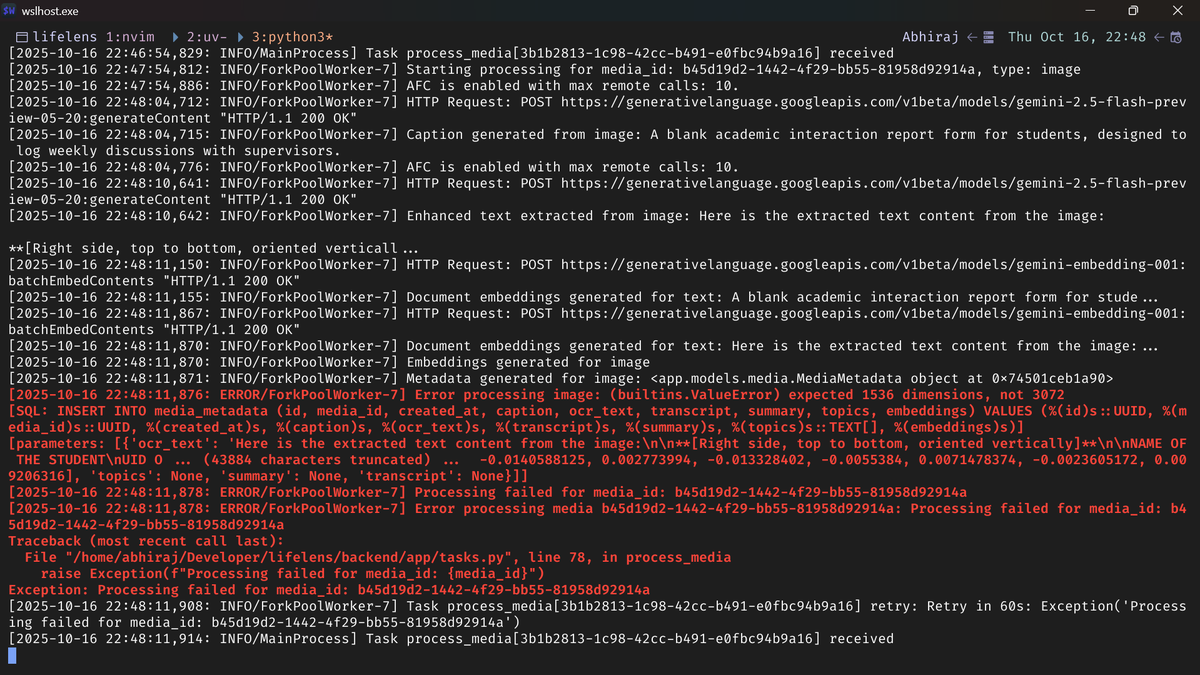 abhirajthakur21's tweet image. Just integrated Celery with FastAPI in the LifeLens project ⚡
Now handling background jobs to process & store media asynchronously - faster, smoother, and scalable.
#buildinginpublic #Celery #Python