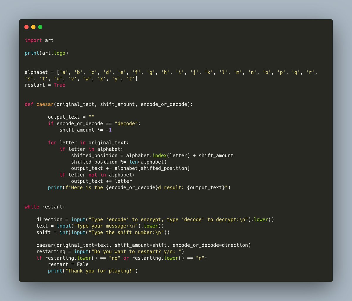 muyiwa_dev's tweet image. Day8: 100 Days of Code: The complete Python Pro Bootcamp by Angela Yu.
Project: Caesar Cipher
first slide - Python
second slide - Golang
third slide - Typescript
P.S: Again Python is so so easy to write.