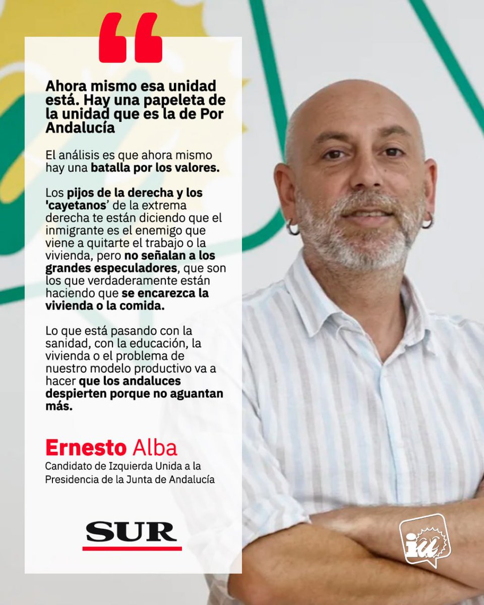 «La unidad está. Hay una papeleta de la unidad que es la de #PorAndalucía».

No os perdáis la entrevista de <a href="/DiarioSUR/">SUR. El periódico de Málaga</a> a nuestro candidato a la presidencia de la Junta de Andalucía, <a href="/Ernesto_Alba/">Ernesto Alba🔻</a>.

📰 Aquí os la dejamos íntegra:
archive.ph/t5bdr