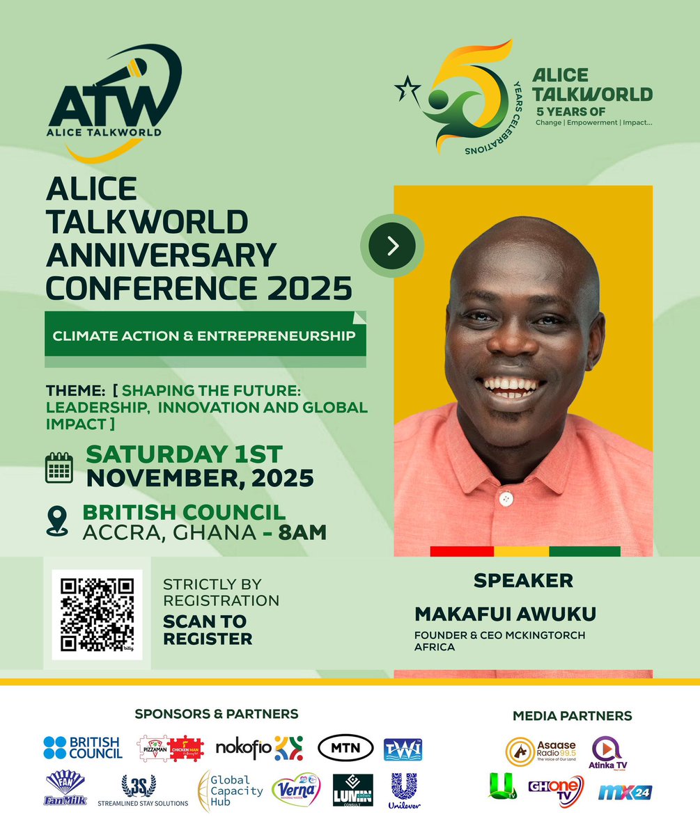 alicetalkworld's tweet photo. Makafui Awuku is an environmentalist and circular economy innovator who contributed to Ghanaβs National Plastic Waste Management Policy and also influenced ECOWAS.
#ATWConference2025
#AliceTalkWorld
#BritishCouncil https://t.co/BngQzmwR0X