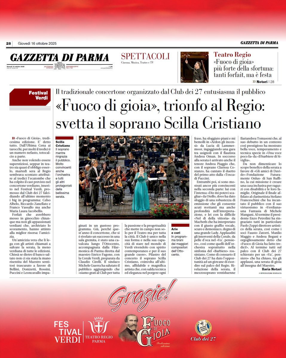 Il tradizionale  concertone organizzato dal Club dei 27 entusiasma il pubblico «Fuoco di  gioia», trionfo al Regio: svetta il soprano Scilla Cristiano.  scillacristiano.com