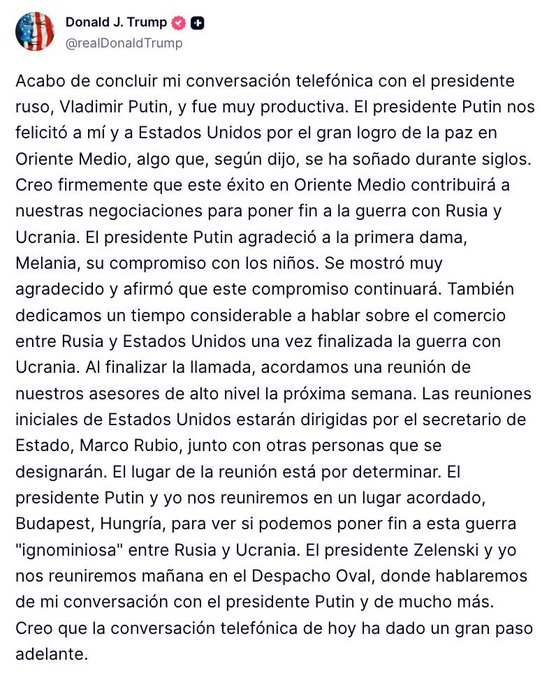 🚨Donald Trump anunció que se reunirá con Vladimir Putin en Hungría con el objetivo de poner fin a la guerra entre Rusia y Ucrania ⬇️