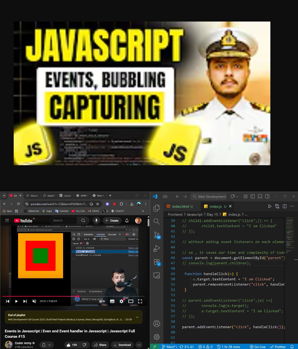 MananCodes123's tweet image. 🚀Day 19 #CoderArmy
Deep-dived into JS Events 🎯
→ Event Object & .addEventListener()
→ Bubbling & Capturing Phases 🔁
→ e.target magic for multiple elements ✨
→ .removeEventListener() for cleanup 🧠
Amazing in-depth session! 🙏
#BuildInPublic