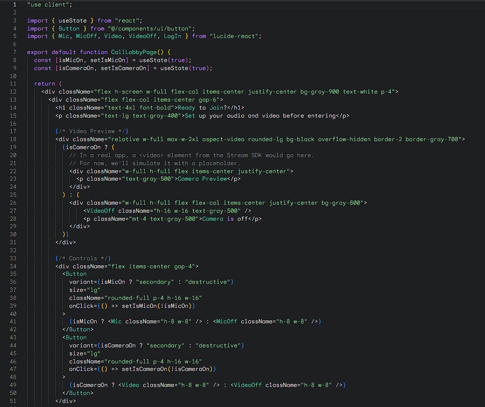 atharva_191's tweet image. Day 87 of #100DaysOfCode ⚡
Built the Lobby screen for my AI SaaS video-call feature
– Live camera preview ✅
– Mic / camera toggles ✅
– Join-confirmation flow ✅
Next → the in-call UI
#ReactJS #NextJS #WebRTC #SaaS #100DaysOfCode