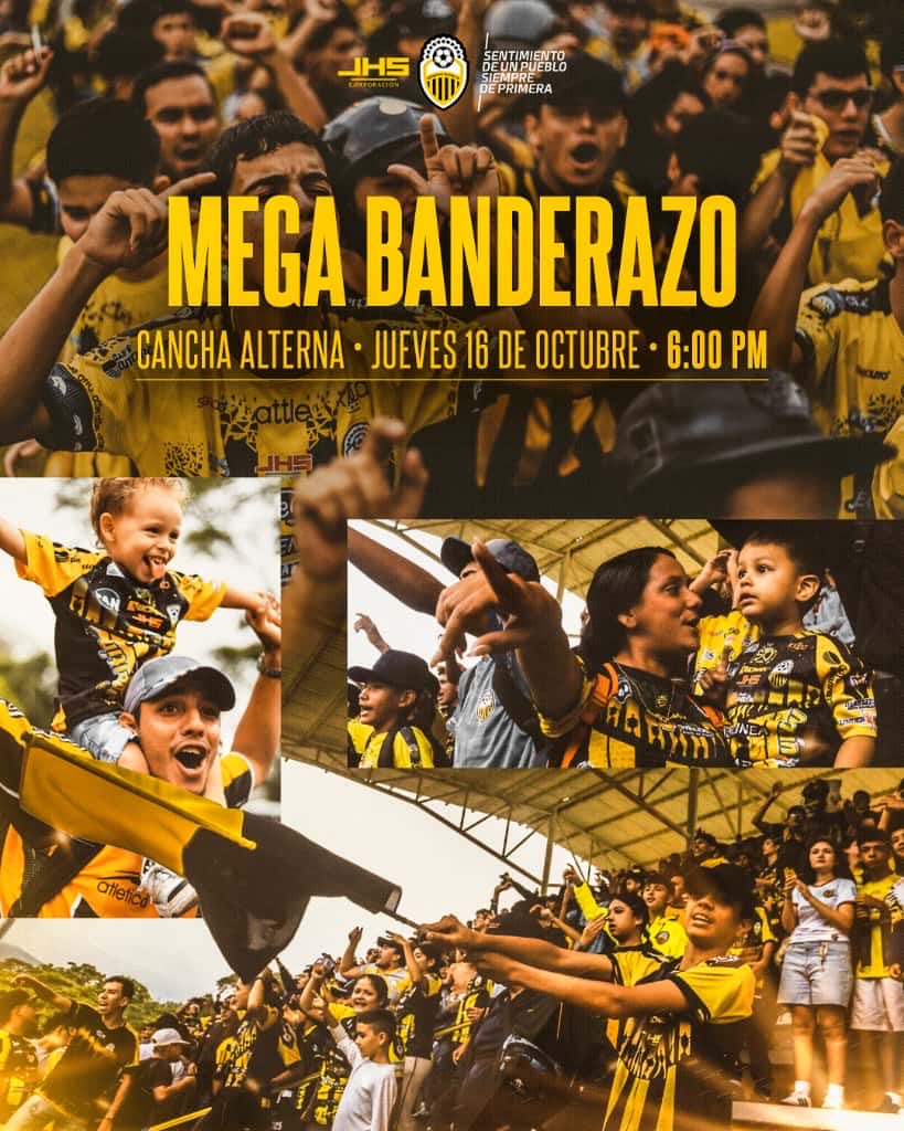 DvoTachira's tweet image. ¡TODOS EN FAMILIA AL MEGA BANDERAZO! 

​Hoy nos volveremos a encontrar en la Cancha Alterna a las 6pm, para palpitar JUNTOS el inicio de la Fase Final 🤜🤛

​Unidos, equipo e hinchada, seguiremos escribiendo la hermosa historia del Más Grande 📜🏆

#VamosTáchira 💛🖤