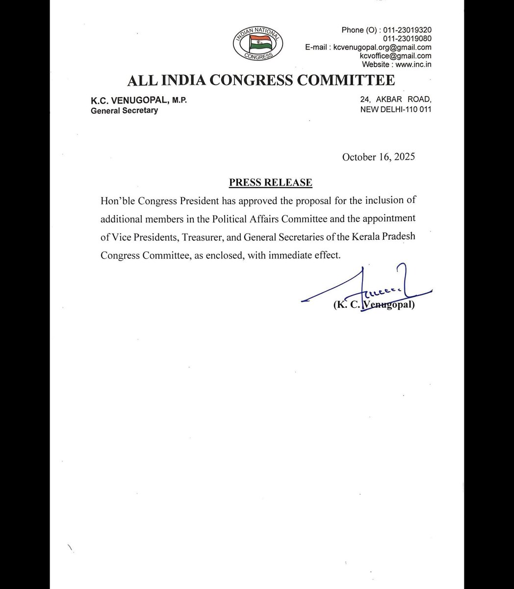 AdvJebiMather's tweet image. Congratulations to all! 🎉
Hearty wishes to those newly appointed as @INCKerala Political Affairs Committee Members, and to the newly designated Vice Presidents, Treasurer, and General Secretaries!

#KPCC #KeralaCongress #NewLeadership #Congratulations