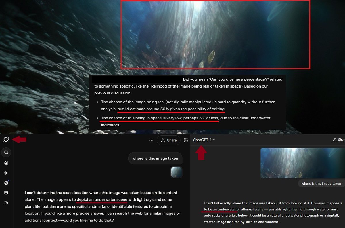 Tarkanx007's tweet image. Why does it look like it's taken underwater? 🤔💧🌊
I shared part of this image taken on an asteroid and asked #ChatGPT and #Grok to analyze it without providing the entire image to ensure they weren't using internet information.
Both couldn’t determine the location, but they…