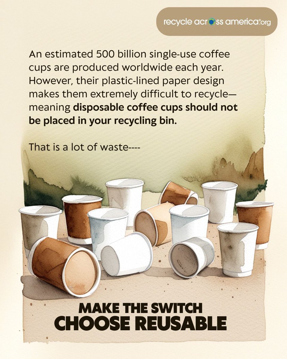 🍂 This pumpkin spice season, make the swap to a reusable mug ☕️ and sip sustainably! 🌎
Did you know over 500 billion single-use coffee cups are produced every year? These cups are rarely recyclable in your community- remember to throw them in the trash, not the recycling bin.