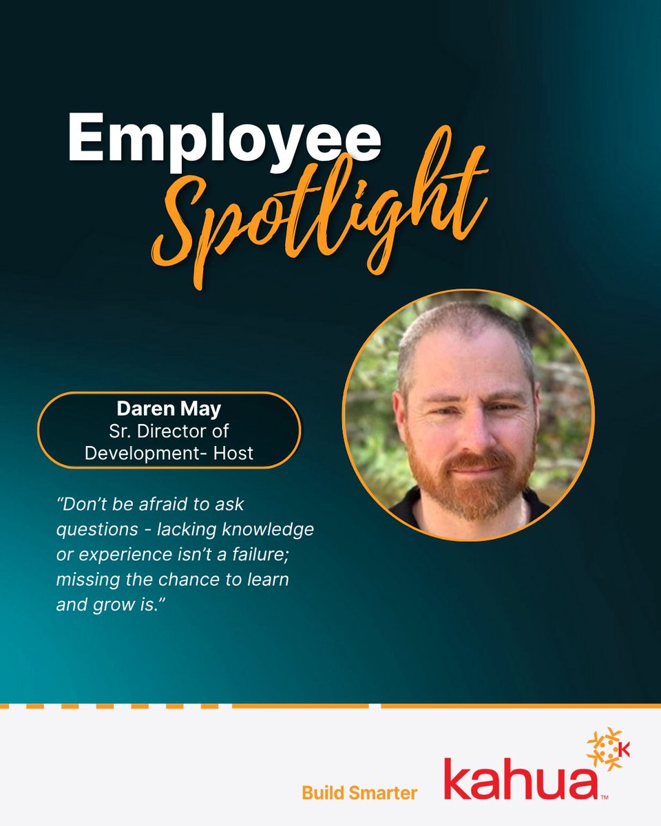 KahuaInc's tweet image. 💡 Meet Daren May, Senior Director of Development at Kahua.
He thrives on challenge, mentors others and builds the tools that power our platform. Outside work, he and his wife enjoy life on their Colorado ranch. 🌄
#KahuaLife #EmployeeSpotlight