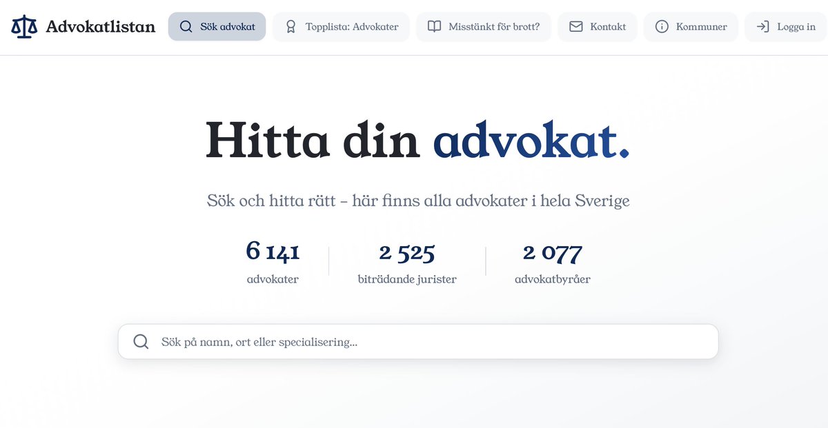 Hej hopp,

Har skapat en kostnadsfri webbtjänst för att söka, hitta och kontakta advokater över hela Sverige. Databasen består av över 6 000 advokater. 

Allt helt gratis, så klart.  

advokatlistan.se