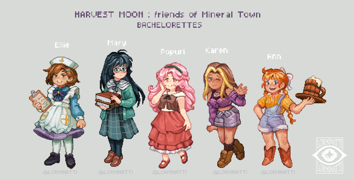 lorminatti's tweet photo. Harvest Moon : Friends of Mineral Town Bachelorettes ( My redesigned versions)  

 I've been fixated on the game ever since I got it on the GBA. Ellie and Ann were the cutest in my opinion. 🥹   

Which one was your fave?  

#pixelart #pixel📷 #aseprite #harvestmoonfanart #fanart https://t.co/KR8fmY91gL