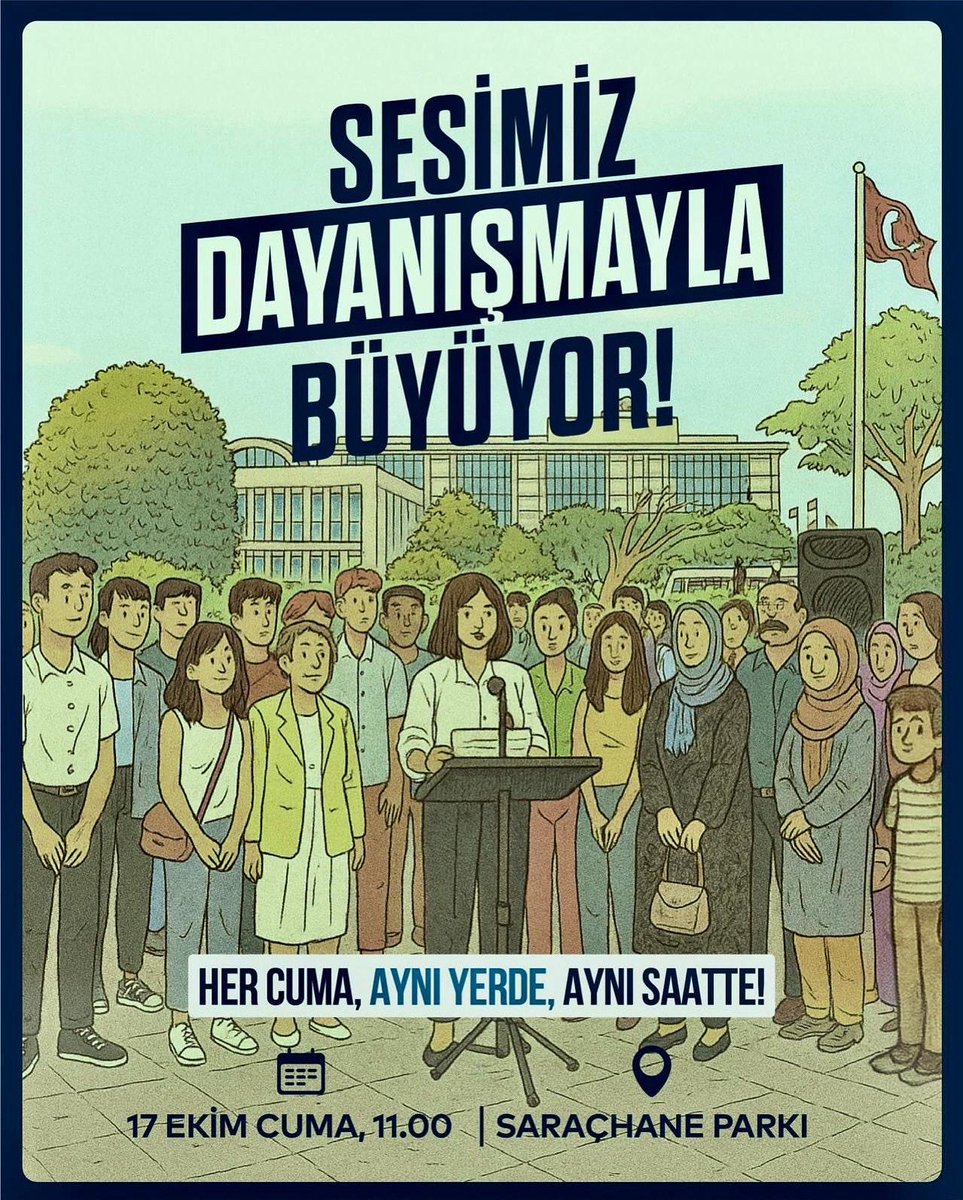 Her Cuma aynı yerde, aynı saatte buluşuyoruz.
Çünkü dayanışma; bir kelime değil, bir yaşam biçimi.

17 Ekim Cuma, 11.00’de Saraçhane Parkı’nda buluşalım.

#Dayanışma #Saraçhane #BirlikteDahaGüçlüyüz