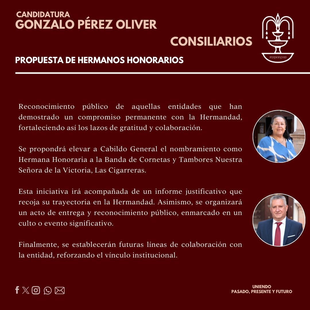 PROYECTO | 🔈Presentamos el proyecto de los Consiliarios.  

Su propuesta se centra en el hermanamiento con la Hermandad de la Estrella y en elevar al Cabildo General el nombramiento de la Banda Las Cigarreras como Hermana Honoraria.

#CandidaturaGonzaloPerezOliver