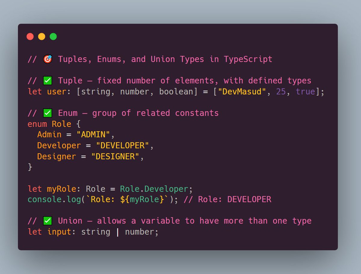 DevMasud's tweet image. Day 2 of my TypeScript journey ⚡
Today I learned about Tuples, Enums, and Union Types — three features that make TypeScript super flexible and readable.
I’m starting to appreciate how TS balances structure and freedom 🔥
#TypeScript #100DaysOfCode #BuildInPublic #letsconnect