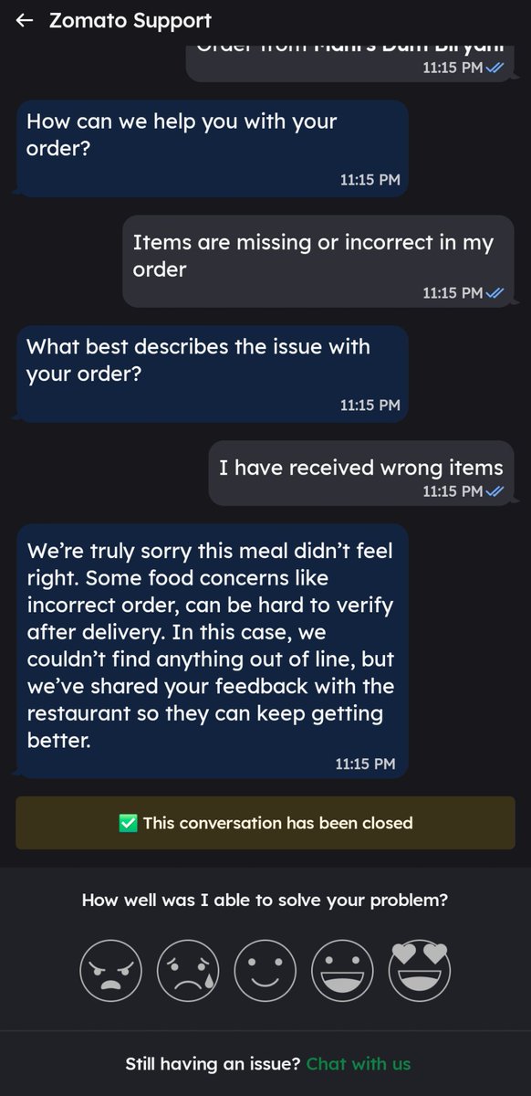 98Boogyman's tweet photo. @zomato I ordered biryani from manis because they sell Seeraga samba rice which I selected but got biryani rice &amp; ur stupid AI couldn't find difference in photo, no option to connect with human. Horrible experience. Uninstalling the app https://t.co/kh8VU1PjZQ