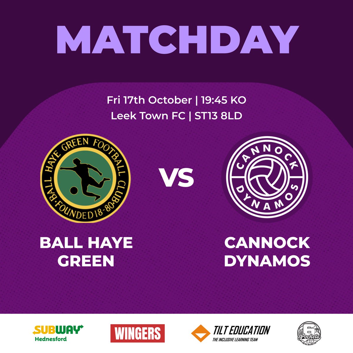 Cannock Dynamos F.C. (@cannockdynamos) on Twitter photo 🟣⚪️CANNOCK DYNAMOS LEAGUE GAME⚪️🟣
🏆 SCSL Premier Division
📅 Friday 17th October
⏰ 7:45pm KO
🏟️ Leek Town FC, ST13 8LD
🆚 <a href="/BHGFC1880/">Ball Haye Green FC</a>
🎟️ Adults £4 🟣⚪️CANNOCK DYNAMOS LEAGUE GAME⚪️🟣
🏆 SCSL Premier Division
📅 Friday 17th October
⏰ 7:45pm KO
🏟️ Leek Town FC, ST13 8LD
🆚 <a href="/BHGFC1880/">Ball Haye Green FC</a>
🎟️ Adults £4