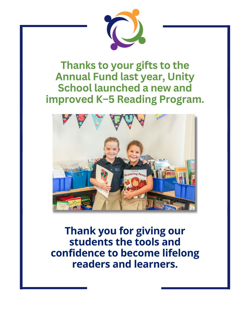 UnityDelray's tweet image. The Annual Fund supports every student, every day. 💙
Thanks to your generosity, Unity launched a new K–5 reading program—helping students grow as lifelong readers & learners! 📚🌟
👉 Donate today: buff.ly/3Y7HpX6
#UnitySchoolFL #AnnualFund #TogetherWeGrow