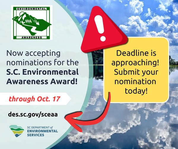 ⏰ The deadline is tomorrow! Nominate someone making an extraordinary impact on SC’s natural resources.

🏆 Nominations close October 17, 2025. Learn more and submit your nomination here ➡️ bit.ly/3IpDIaa

Let’s celebrate those making a difference for SC’s environment!