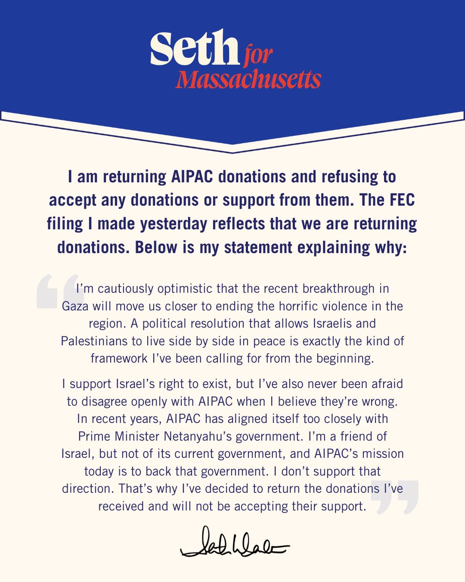 sethmoulton's tweet image. I am returning AIPAC donations and refusing to accept any donations or support from them.

The FEC filing I made yesterday reflects that we are returning donations.