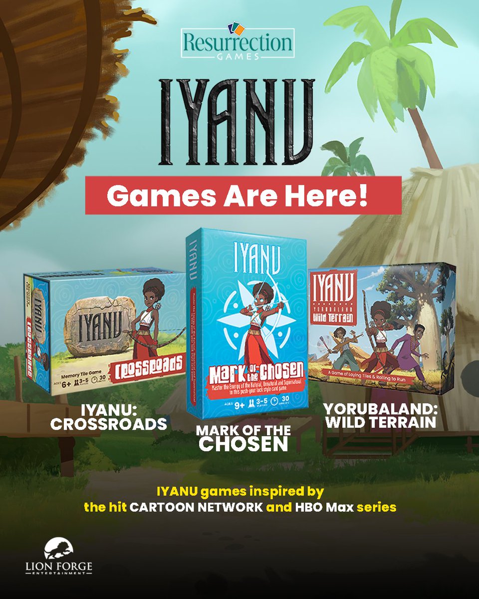 LionForgeEnter's tweet photo. The Iyanu Universe Expands — to Gaming!🎲✨
#LionForgeEntertainment and #ResrurrectionGamies bring the hit series #Iyanu to life with 3 new games — Crossroads, Wild Terrain, & Mark of the Chosen! Ships in December!
🛒 Pre-order now: https://t.co/7OPospZvEh
#Iyanu #TabletopGaming#BoardGames #cardgames