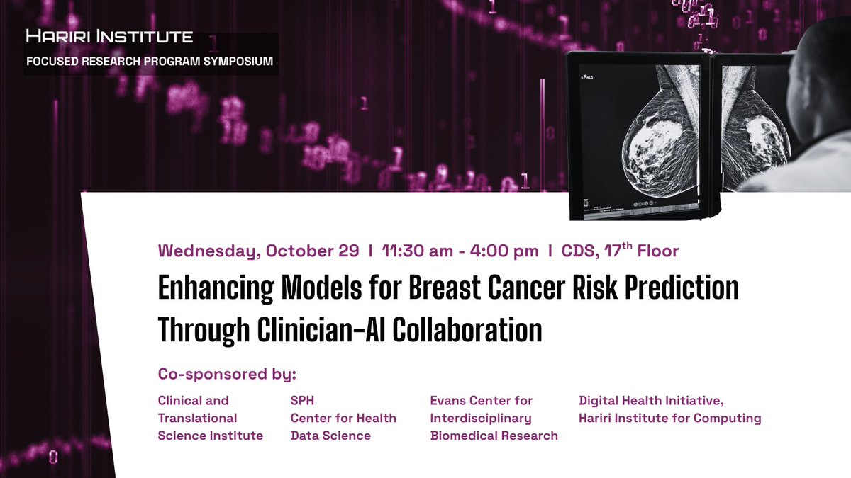 BU_Computing's tweet image. 🎀 October is #BreastCancerAwarenessMonth.
Join us for a Hariri Institute FRP symposium where experts in #AI, imaging, medicine & public health will share advances in research and practical solutions for more reliable and equitable breast cancer detection.
🗓 Wed, Oct 29, at…