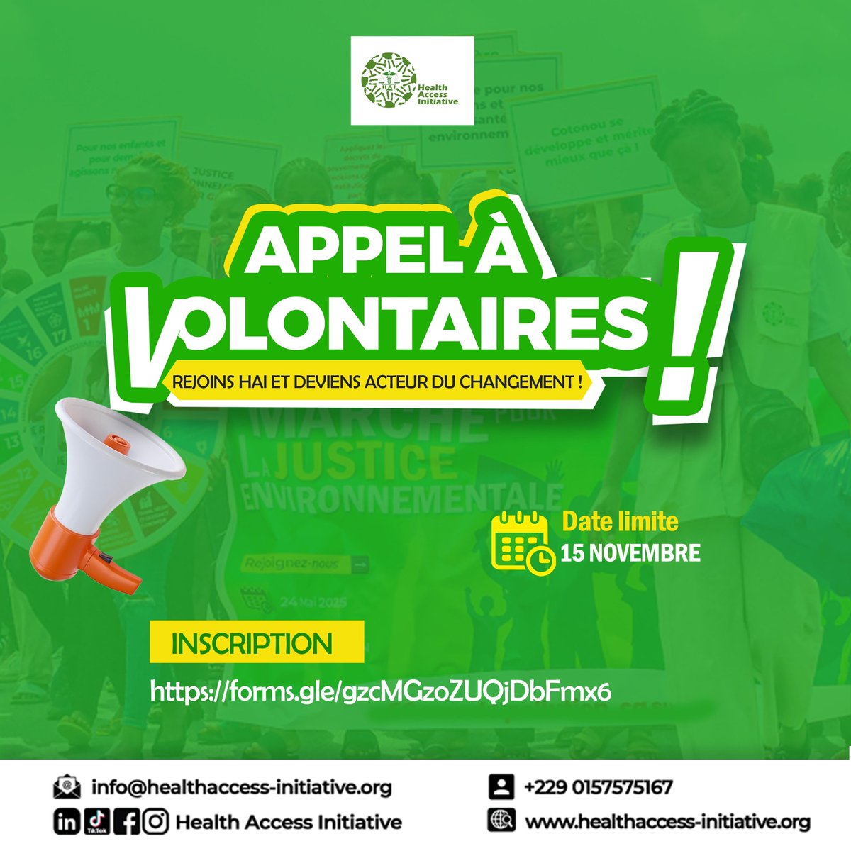 Envie d’agir pour un monde plus juste et plus sain ?
Rejoins Health Access Initiative et deviens acteur du changement 💪
🗓️ Date limite : 15 novembre
🔗 forms.gle/gzcMGzoZUQjDbF…

#Volontariat #HAI #JeunesseEngagée #Santé #Environnement #Bénin