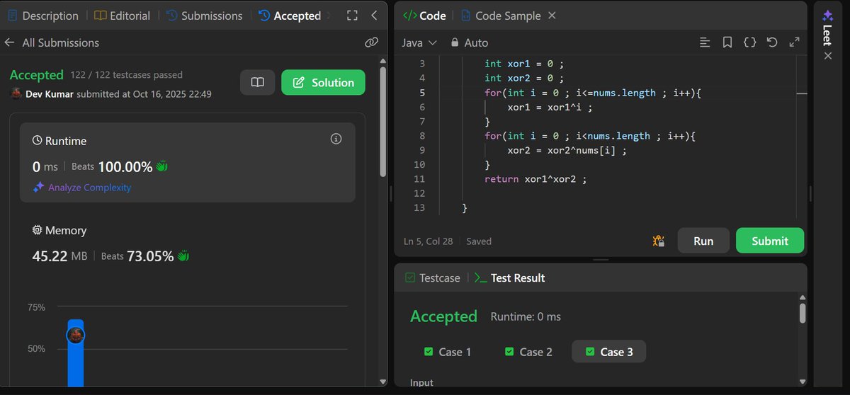 devnarware's tweet image. Day 9 (16 Oct)  
✅ 5 DSA problems (1 Medium, 3 Easy on LeetCode + 1 on GFG)
✅ Completed a basic banking project 
✅ Worked on another terminal mini project
#Java #dsa #CodingJourney #LearnInPublic