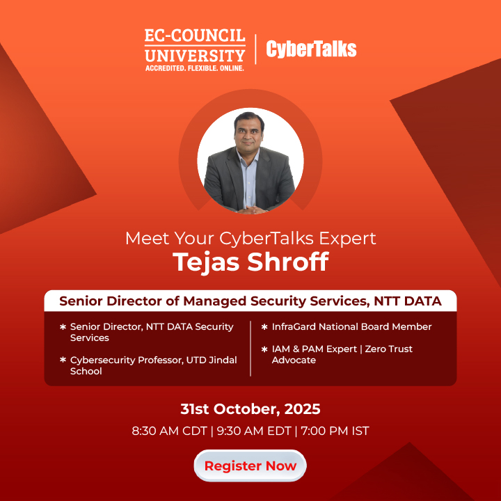 ECCOUNCIL's tweet image. Join Tejas Shroff for the webinar Ethical Hacking Meets Zero Trust: Securing the Modern Perimeter on October 31st, 2025. Learn how ethical hacking strengthens Zero Trust in cloud &amp;amp; remote environments. 

Register here: bit.ly/479y7wT

Don’t miss the opportunity 

#ECCU…