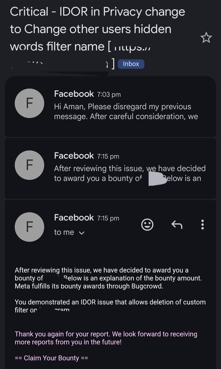 hackeriron1's tweet image. Yeah ! I was awarded $XXX From Meta 

IDOR vulnerability.

Reported --&amp;gt; Closed --&amp;gt; Triaged --&amp;gt; Bounty

You can say it&apos;s luck without any conversation they reopened.  

#bugbounty
#Metabounty
#Bughunting
#meta
