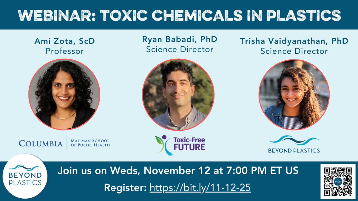 Join Beyond Plastics Science Director <a href="/vtrishav/">Trisha Vaidyanathan</a>, Ami Zota of <a href="/ColumbiaMSPH/">ColumbiaPublicHealth</a>, and Ryan Babadi of <a href="/ToxFreeFuture/">Toxic-Free Future</a> on Nov. 12 for a free webinar about the toxic chemicals in plastics and how you can help protect yourself and your community from them.

beyondplastics.org/events/toxic-c…