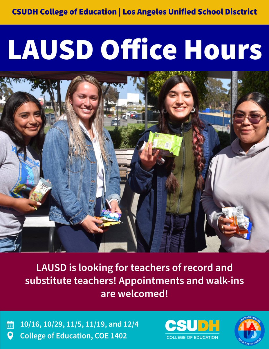 CSUDHEducation's tweet image. Attention: @LASchools is hiring! They're looking for teachers in all K-12 subjects, including substitute teachers.
Info sessions & office hours held in COE 1402 on 10/16 (TODAY!), 10/29, 11/5, 11/19 & 12/4 from 2PM-4PM. Walk-ins welcomed!
Interest form: bit.ly/LAUSDOfficeHou…