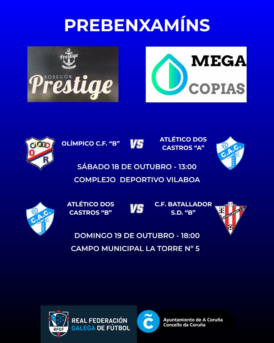 Horario dos partidos de F-8 dos equipos do <a href="/AtCastros/">At. Castros</a> nesta fin de semana.
#forzacastros 
#úneteánosahistoria