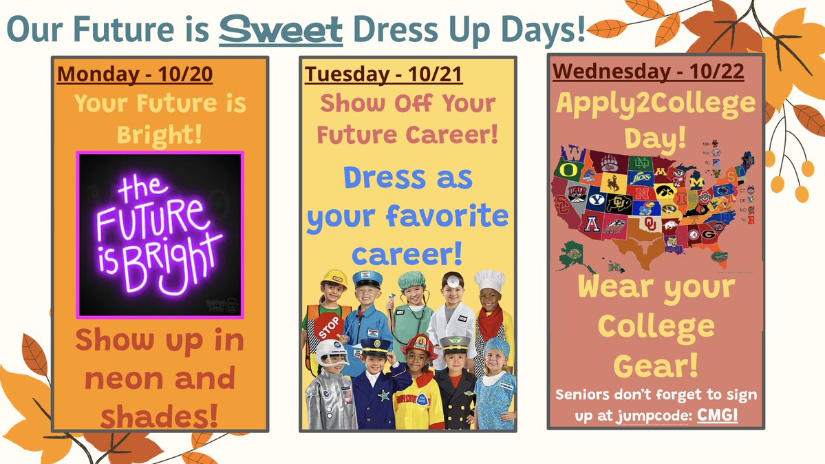 Lincoln Standing Bear High School (@lsbhigh) on Twitter photo Heads up, Grizzlies-get set to dress for your future! 
Monday 10/20: Show up in neon and shades 😎
Tuesday 10/21: Dress as your favorite career 👩🏽🔬
Wednesday 10/22: Wear your college gear 🧑🏼🎓 Heads up, Grizzlies-get set to dress for your future! 
Monday 10/20: Show up in neon and shades 😎
Tuesday 10/21: Dress as your favorite career 👩🏽🔬
Wednesday 10/22: Wear your college gear 🧑🏼🎓