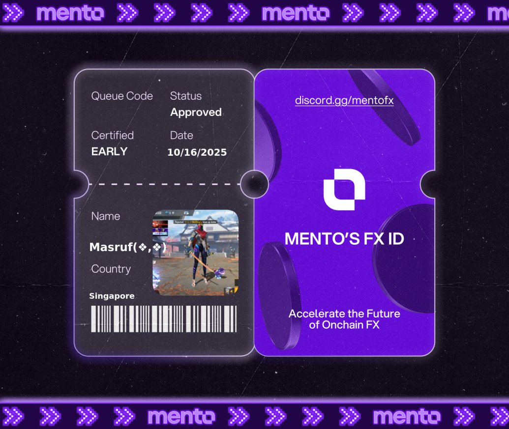 Licensed to trade the internet’s FX layer. 

Claimed my FX ID on discord.gg/mentofx 

 every currency, onchain with <a href="/MentoLabs/">Mento (fx/acc)</a>