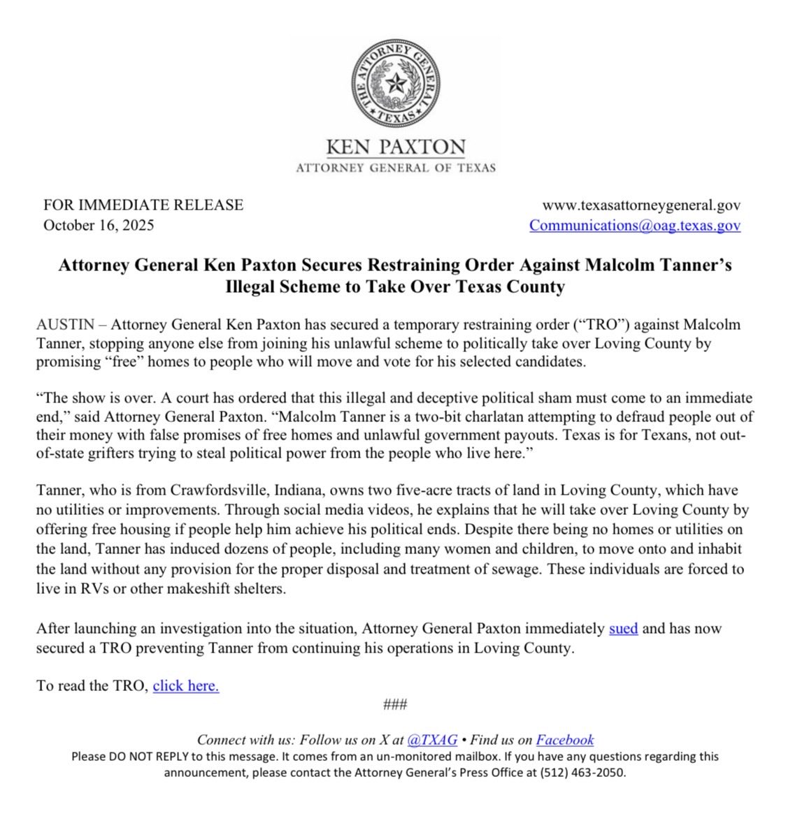🚨NEW: I secured a restraining order against Malcolm Tanner's illegal scheme to take over a Texas county. 

The show is over. A court has ordered that this illegal and deceptive political sham must come to an immediate end.