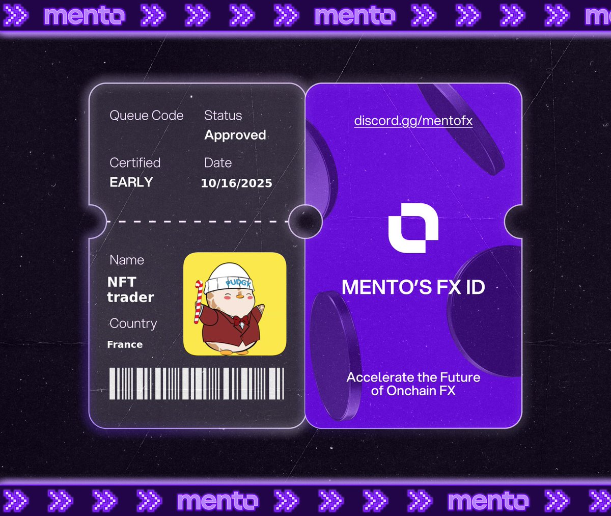 Licensed to trade the internet’s FX layer. 

Claimed my FX ID on discord.gg/mentofx 

 every currency, onchain with <a href="/MentoLabs/">Mento (fx/acc)</a>