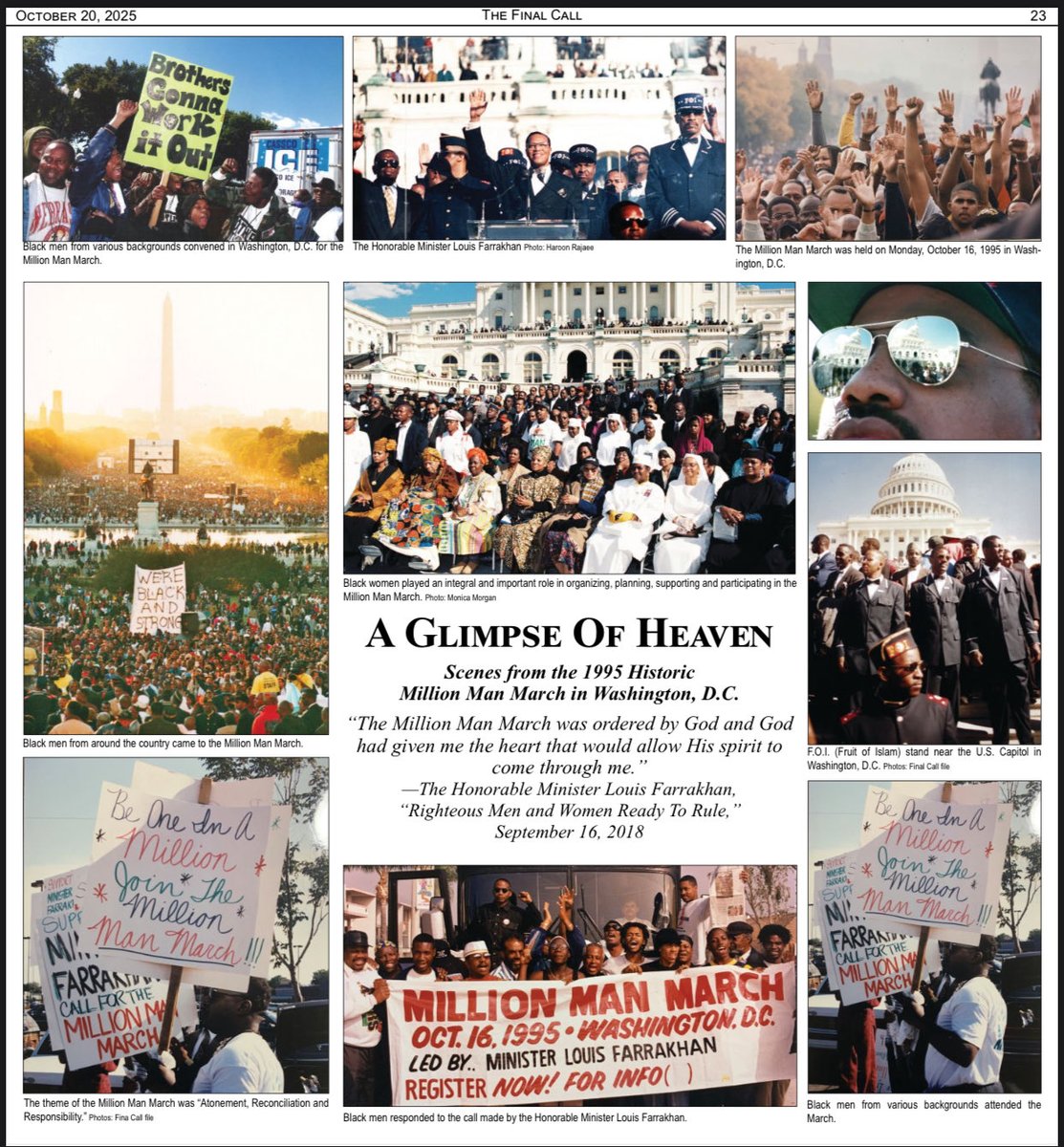 OfficialNOI's tweet photo. “Everywhere on the Mall, on that day, brothers were offering to each other the salutation of peace. On that day, those brothers gave the world a glimpse of the heavenly life or the hereafter.

The Honorable Elijah Muhammad told me that when the human spirit is so contented and so happy, so joyous, he said that at that very moment you’re in the spirit of Allah (God).

He said in this world that spirit comes upon us every once in a while and it is fleeting, but he said in the hereafter we would live in that spirit every moment of our lives. You can see that if we, as human beings, would live in that spirit, death and its misery would be totally destroyed.

For nearly 14 hours the brothers on the Mall and many in their homes lived in that spirit of complete joy. When these men returned home to their mothers, wives, and friends, everyone noticed a change in their behavior and in their countenance. The spirit of Allah (God) had touched them and in a twinkling of an eye they were changed.

Many who were asked to describe what they felt said it was indescribable. It was indescribable because The God Who produced that spirit defies description.”—The Honorable Minister @LouisFarrakhan https://t.co/7NHfzeKVNp

Via @TheFinalCall #MillionManMarch #Farrakhan #HDOA25